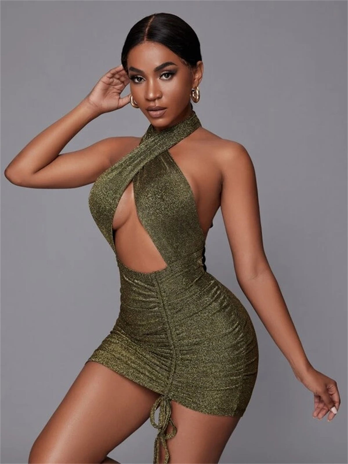 Glitter Halter Neck Cut Out Ruched Bodycon Mini Dress - View 4