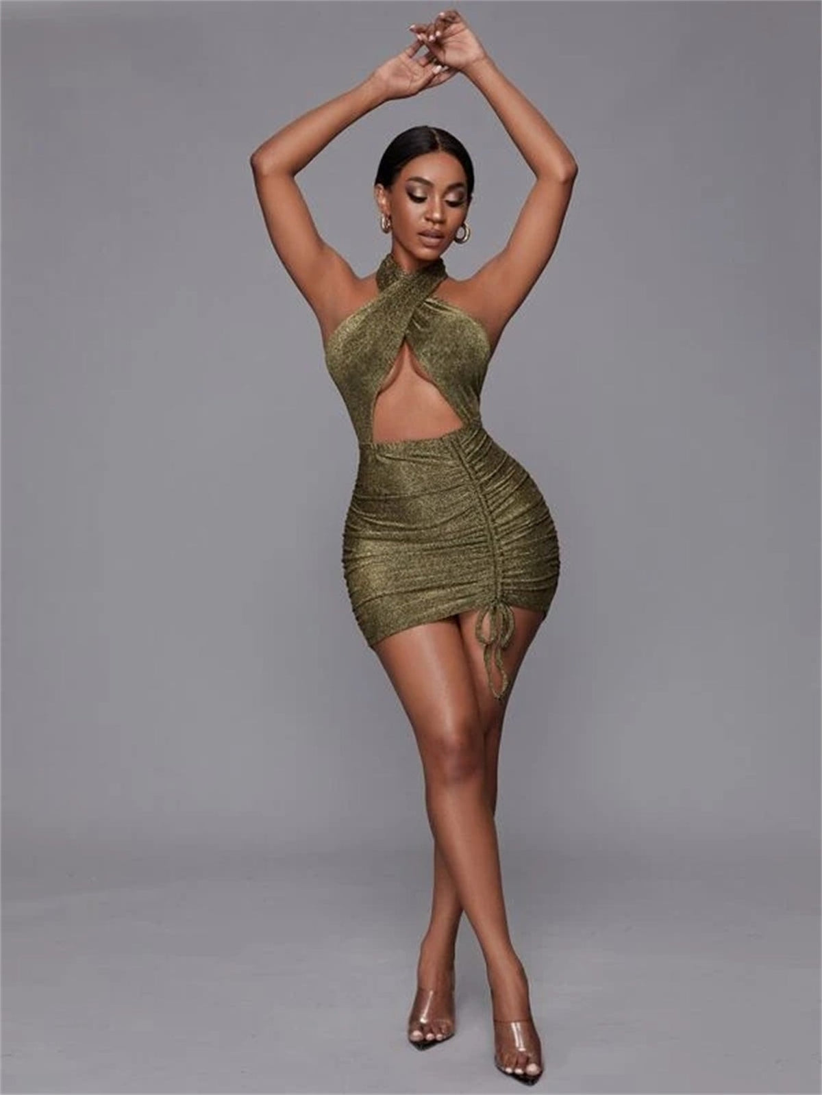 Glitter Halter Neck Cut Out Ruched Bodycon Mini Dress - View 5