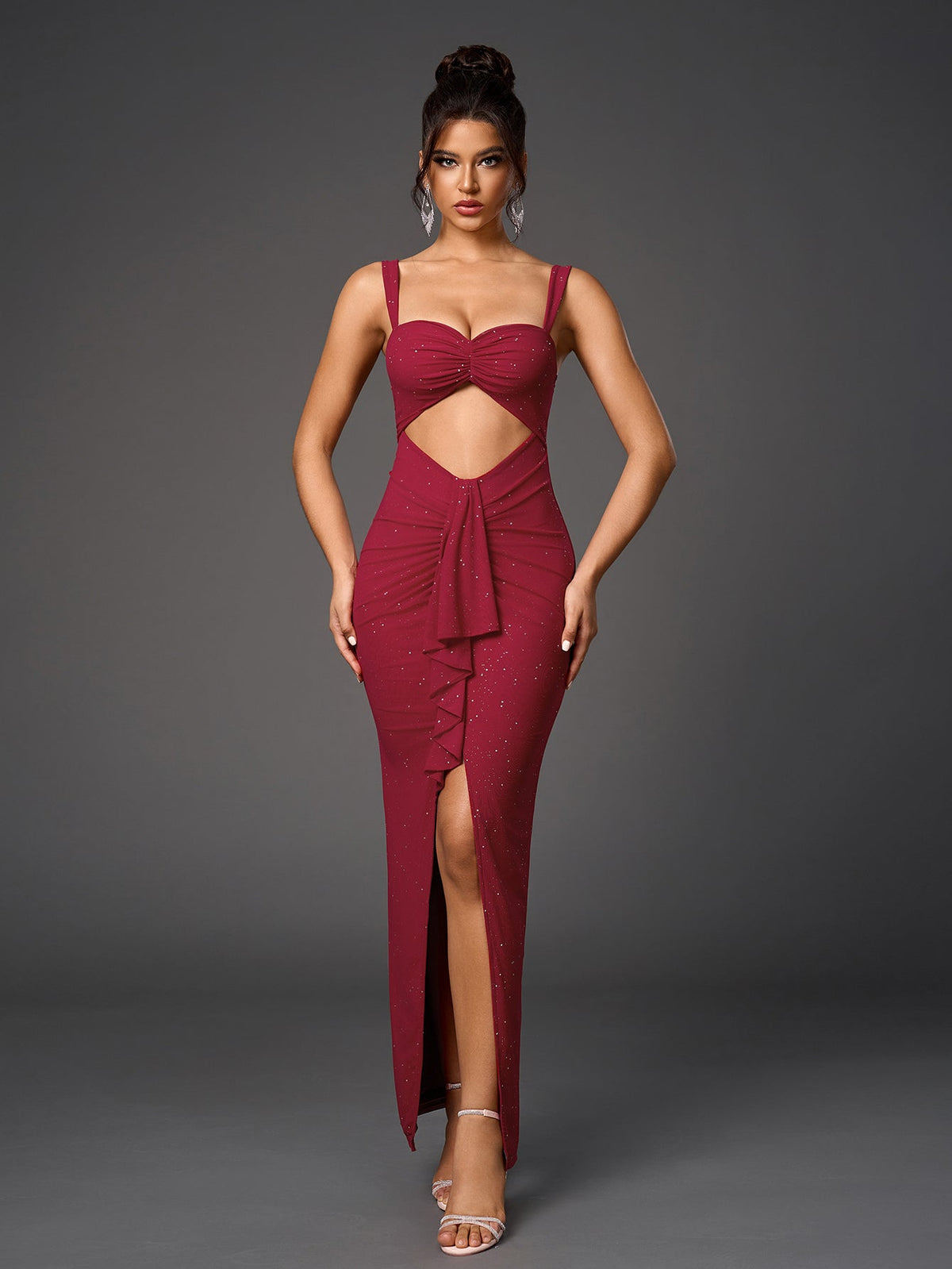 Cut Out Flounce Trim Ruched Glitter Mesh Dress - View 5