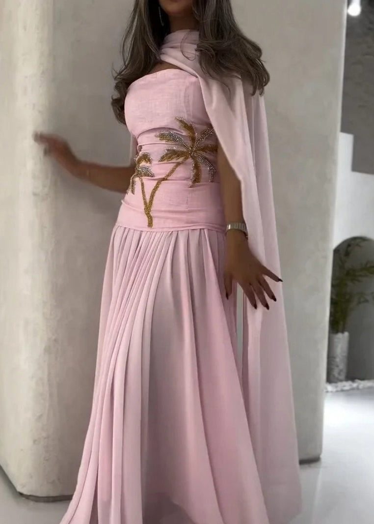 Cape Scarf Neck Palm Tree Embroidery Pleated Chiffon Maxi Gown - View 3