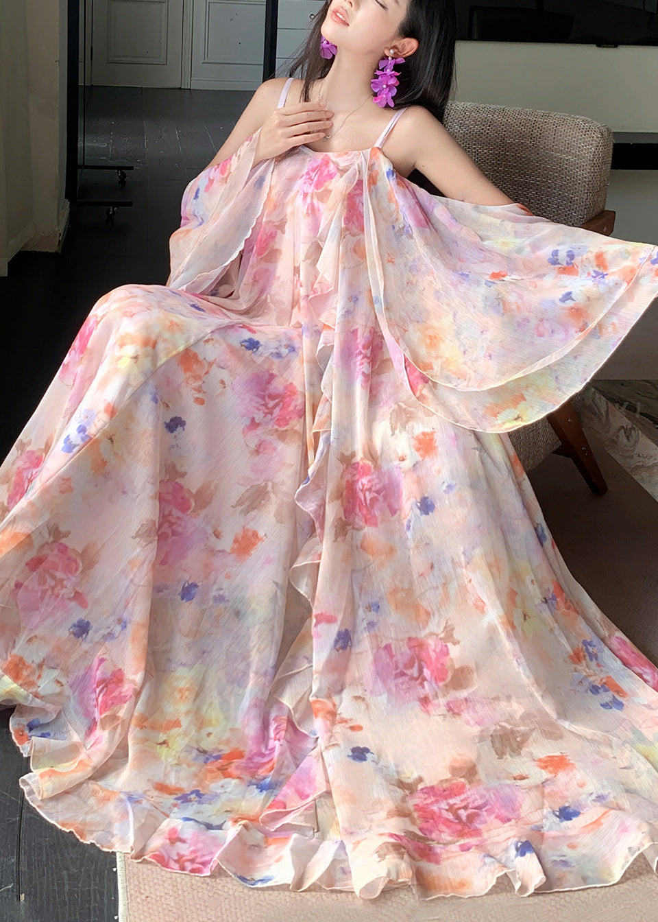 Cute Pink Print Ruffled Patchwork Chiffon Long Dress Short Sleeve - View 4