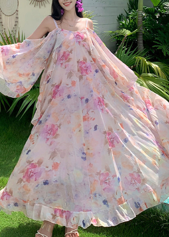 Cute Pink Print Ruffled Patchwork Chiffon Long Dress Short Sleeve - View 5