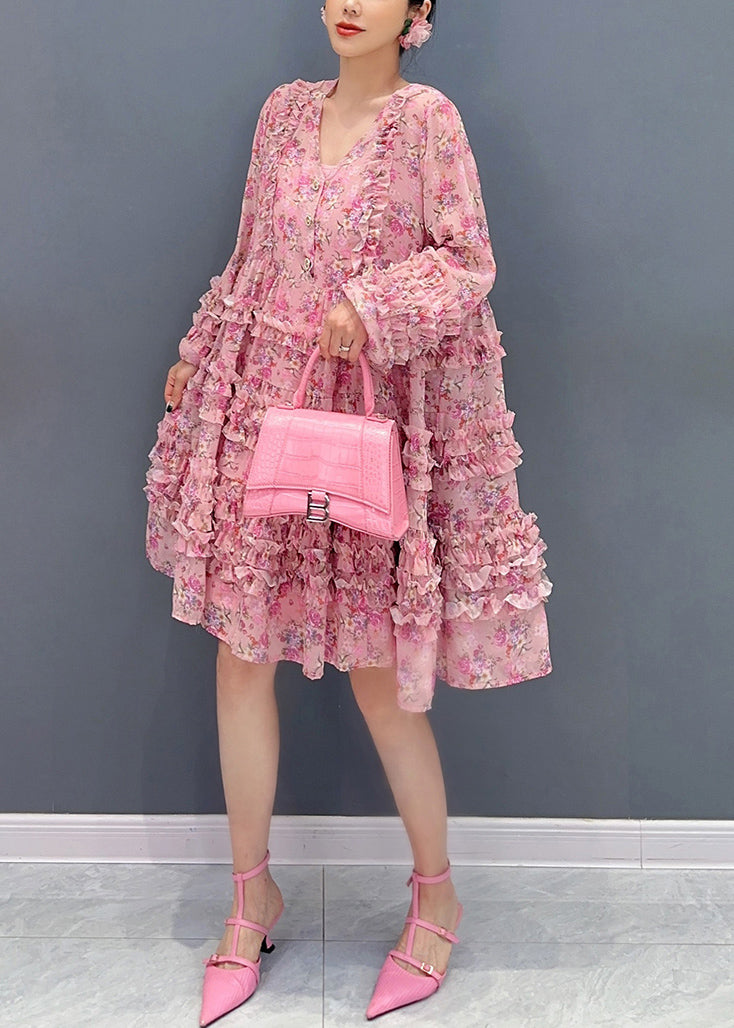 Cute Pink V Neck Ruffled Patchwork Print Chiffon Mid Dress Long Sleeve - View 4