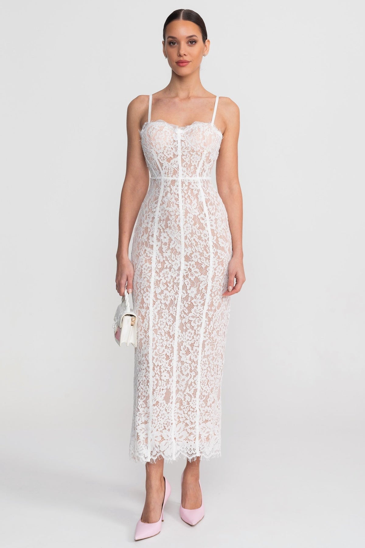 Lace Midi Dress With Sheer Corset Bodice - White - View 5