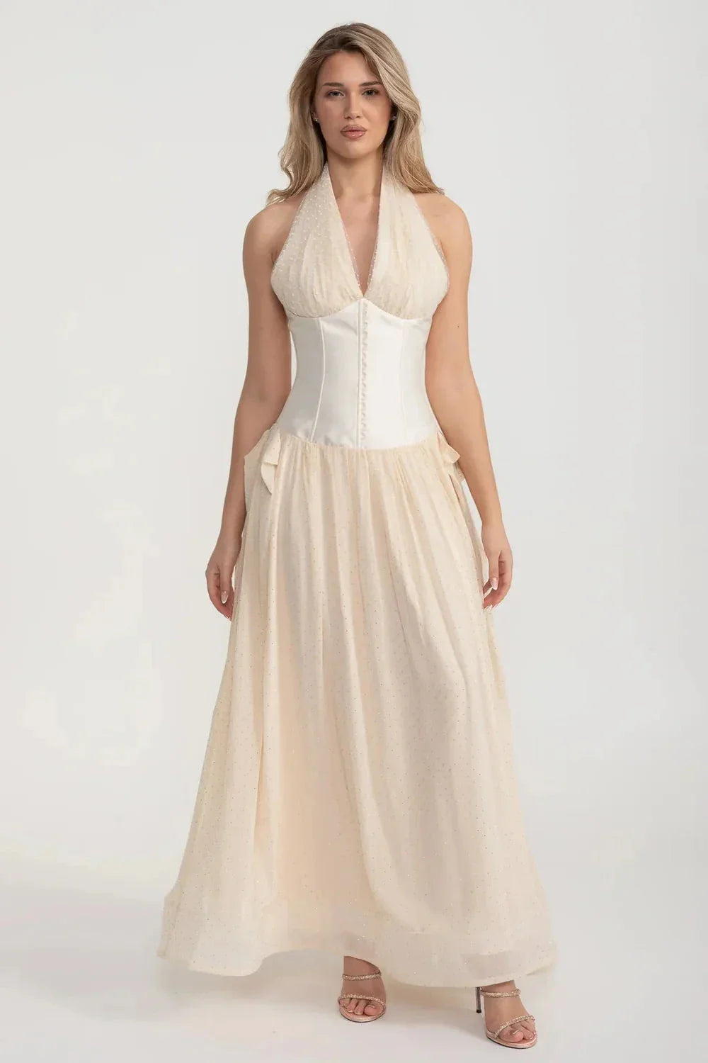 Halter Neck Plunge Corset Glitter Tulle Maxi Gown