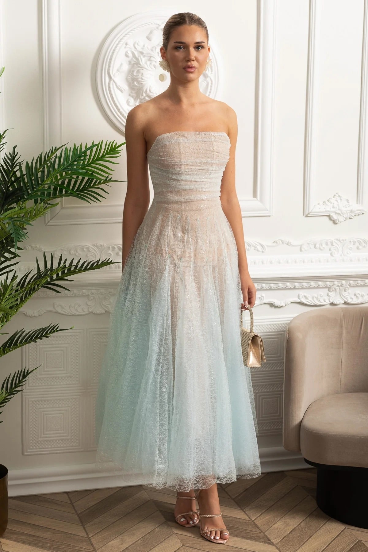 Strapless A-Line Midi Dress - Turquoise Gradient - View 2