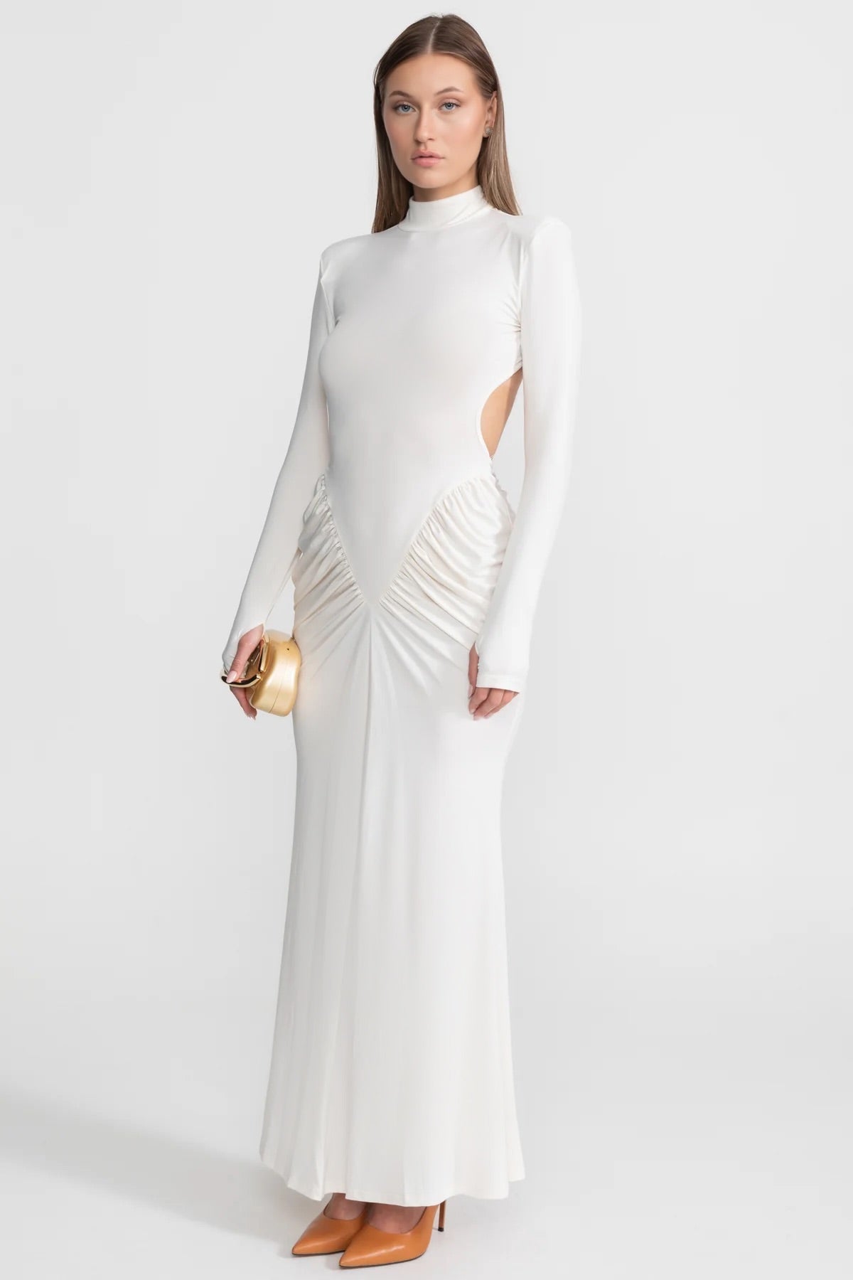 Ruched Maxi Dress With Side Cutouts – White - View 2