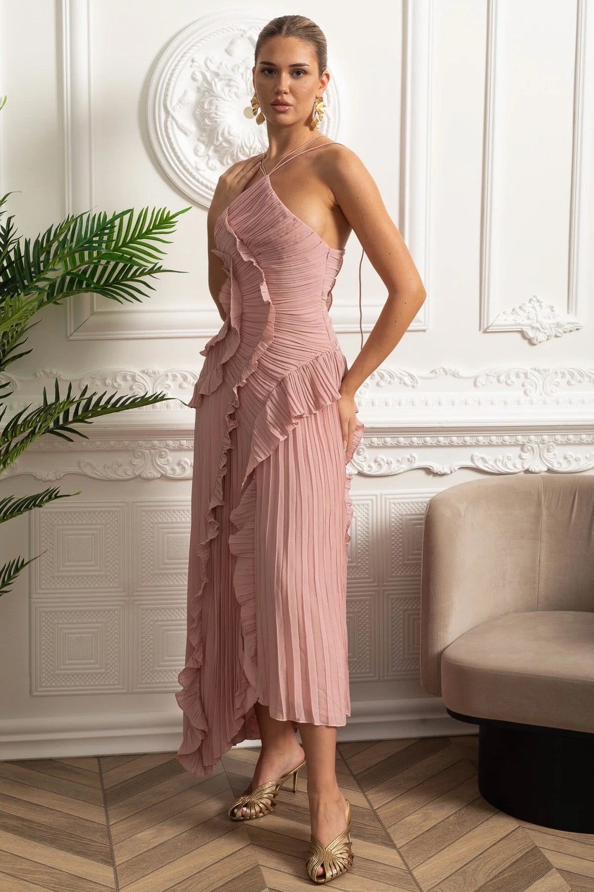 Pleated Halter Midi Dress With Cascading Ruffle Details - Pink - View 7