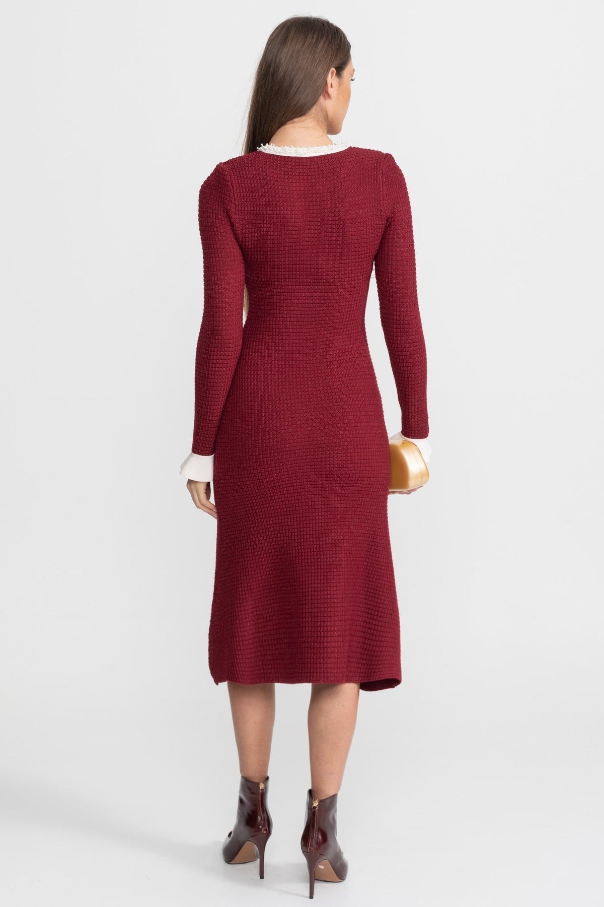 Knit Contrast Trim Ruffle Cuff Patch Pocket Long Sleeve Midi Dress - View 3
