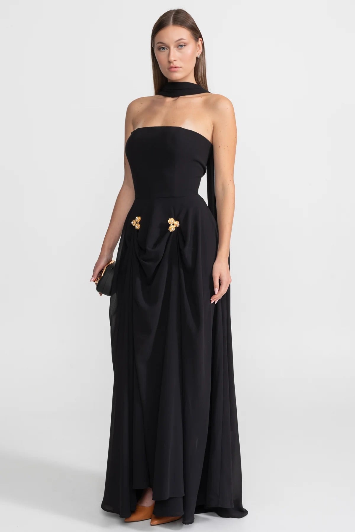 Strapless Scarf Neck Draped Floral Brooch A-Line Maxi Gown