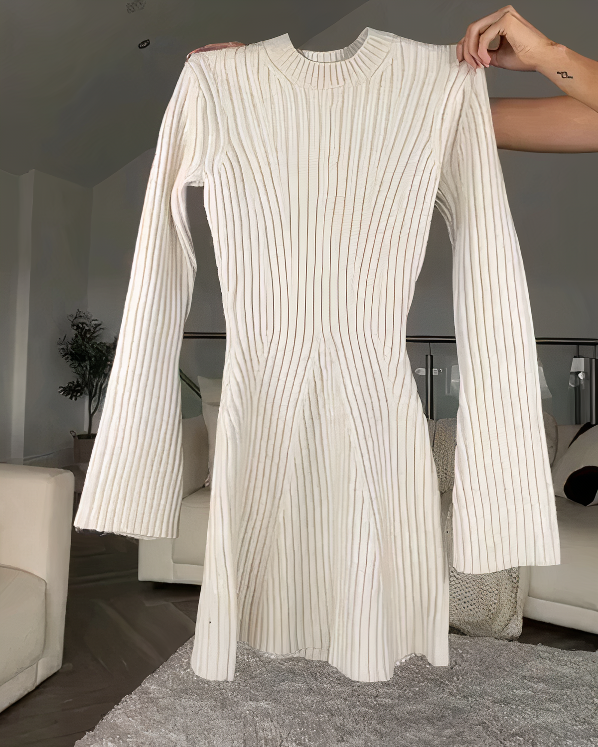 Ribbed Knit High Neck Long Sleeve Bodycon Mini Dress - View 4