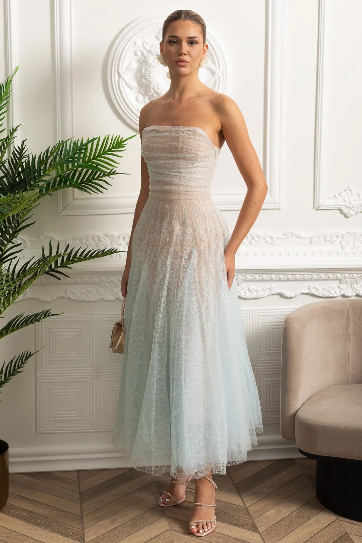 Strapless A-Line Midi Dress - Turquoise Gradient - View 4