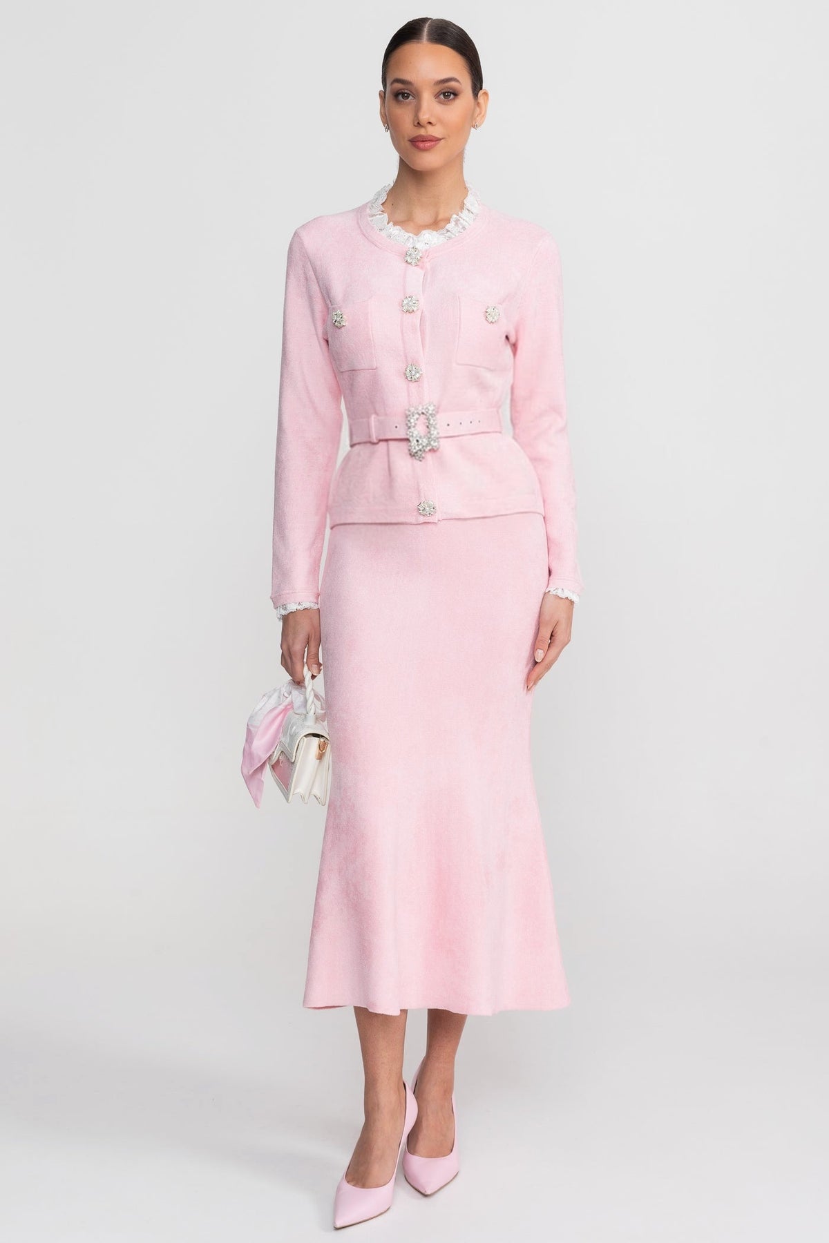 Long Sleeve Co-Ord With Fitted Knit Bodice And Crystal Button Detail - Blush Pink