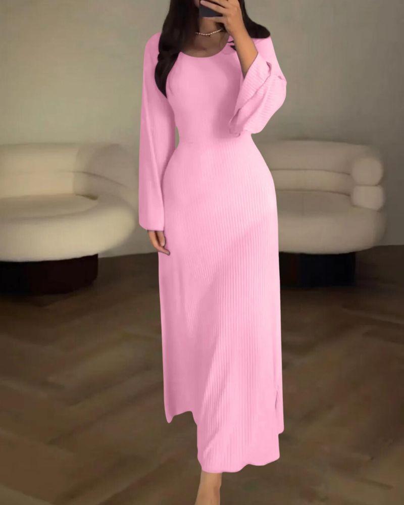 Rib Knit Square Neck Long Sleeve Bell Cuff Bodycon Maxi Dress - View 12