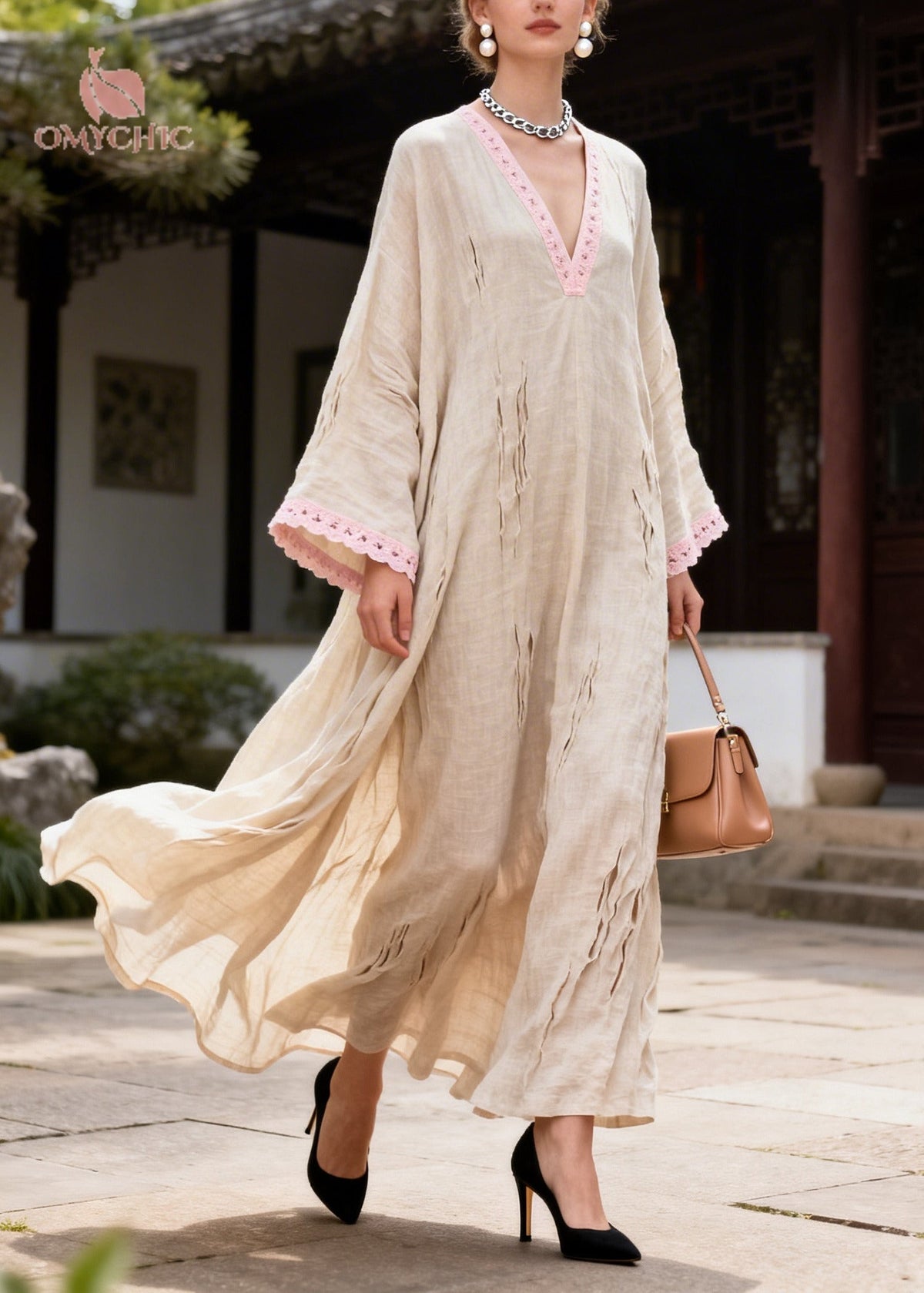 DIY Beige Oversized Patchwork Lace Ripped Maxi Dress - View 5