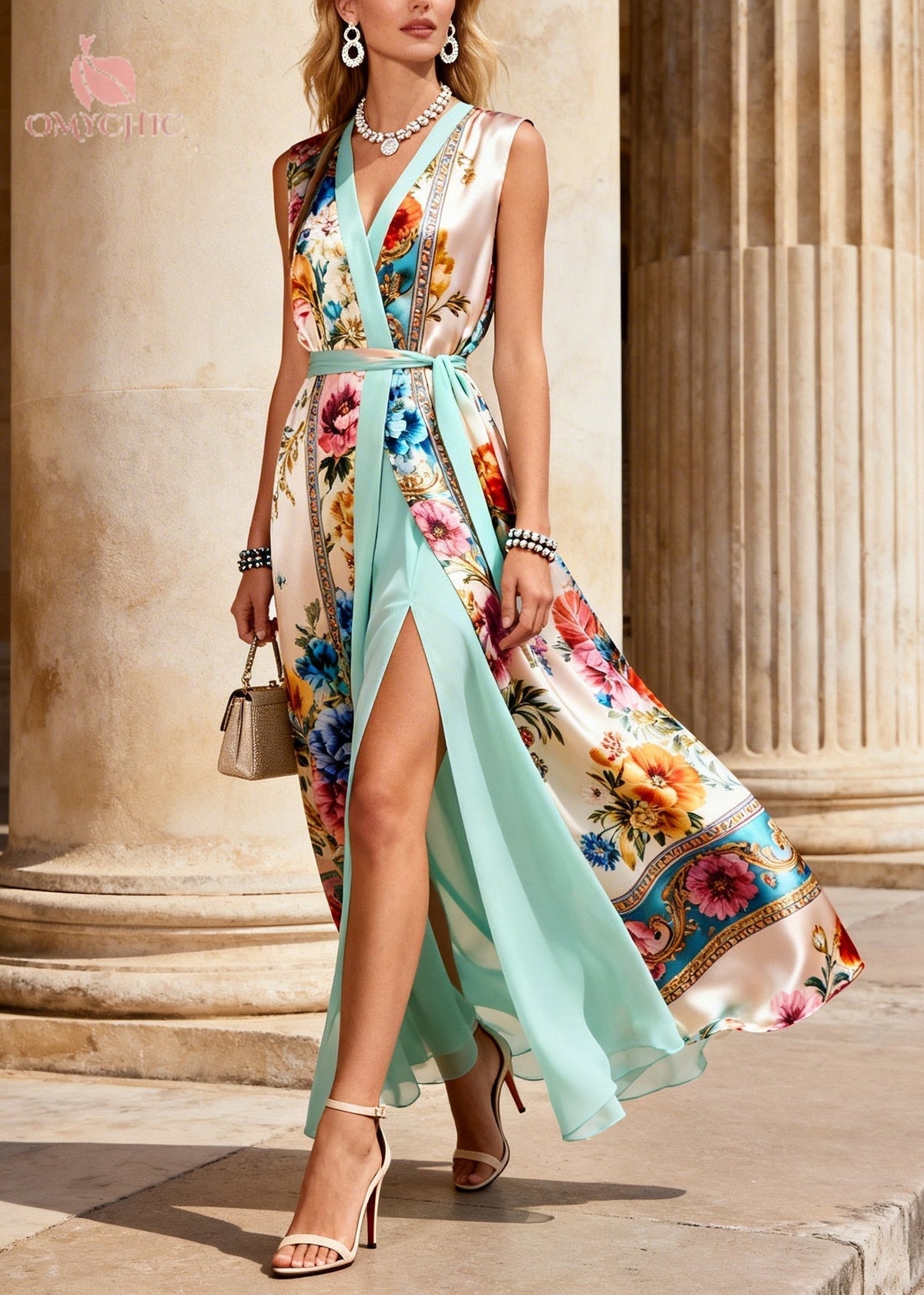 Floral Scrollwork Print Faux Two Piece Wrap V-Neck Tie Waist High Split Maxi Dress - View 5