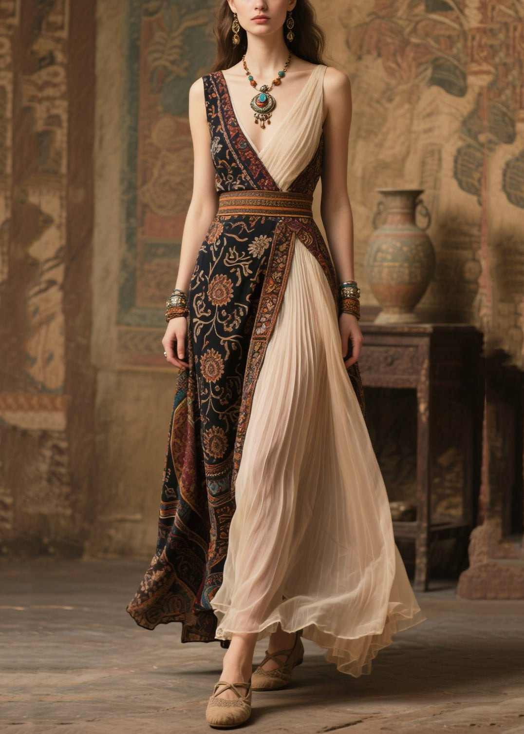 Ethnic Print Patchwork Deep V-Neck Pleated Chiffon Maxi Gown - View 5