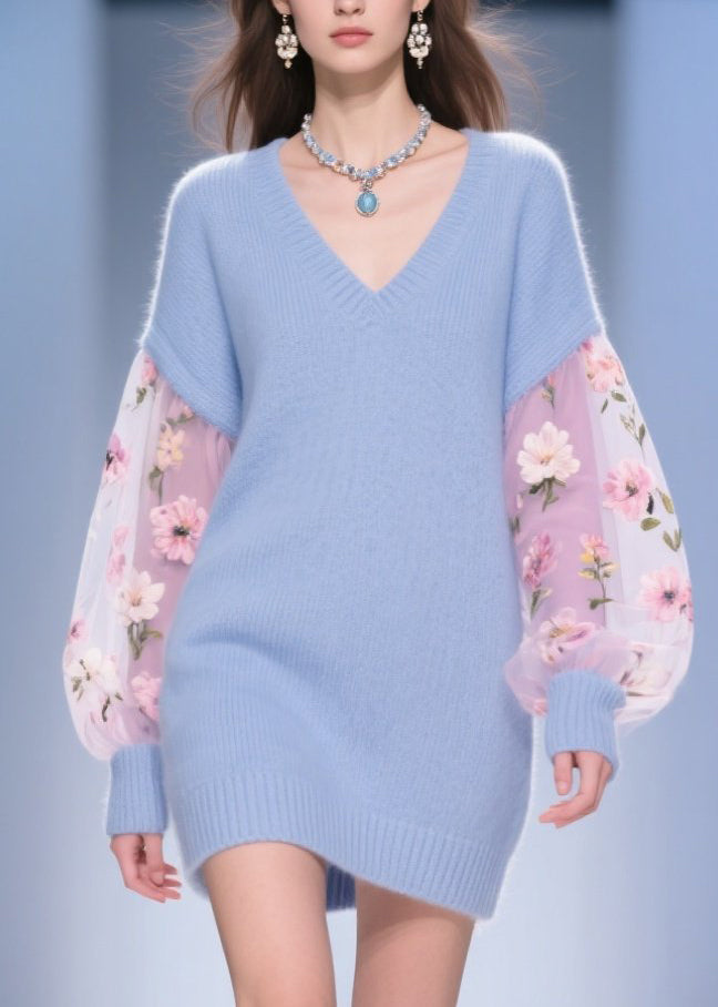 Tulle Floral Balloon Sleeve V-Neck Knit Patchwork Mini Dress - View 2