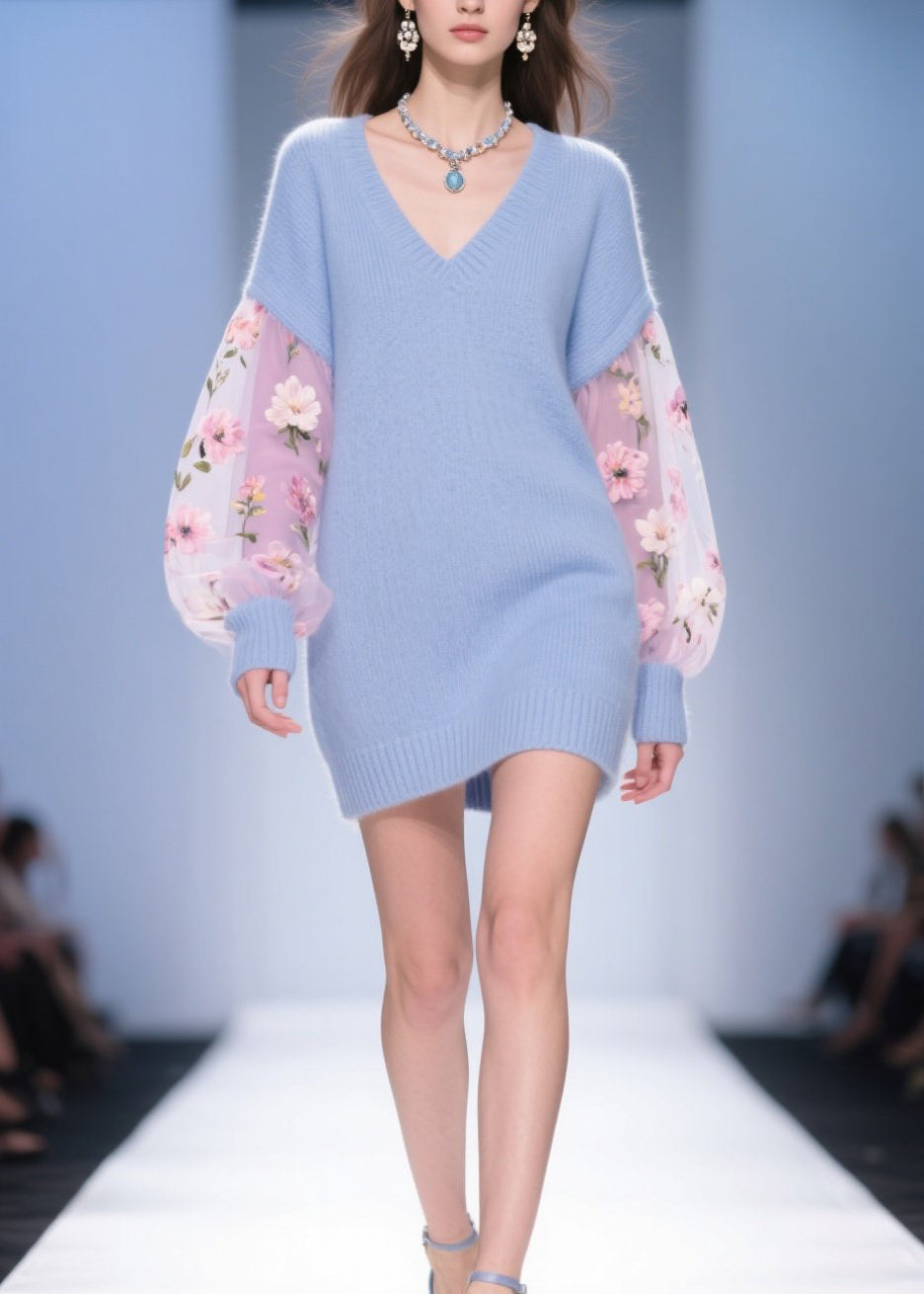 Tulle Floral Balloon Sleeve V-Neck Knit Patchwork Mini Dress - View 3