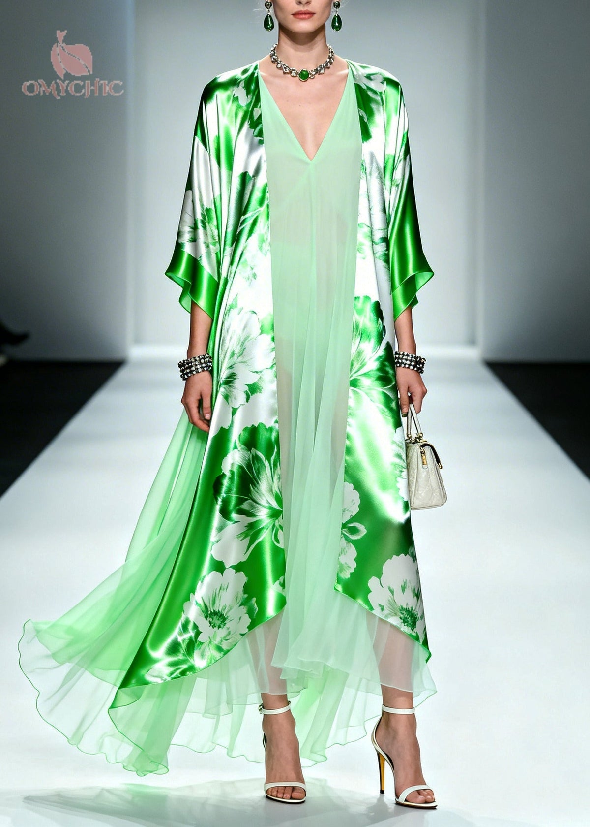 Faux Two-Piece Floral Print Open Front Sleeve Chiffon Maxi Dress