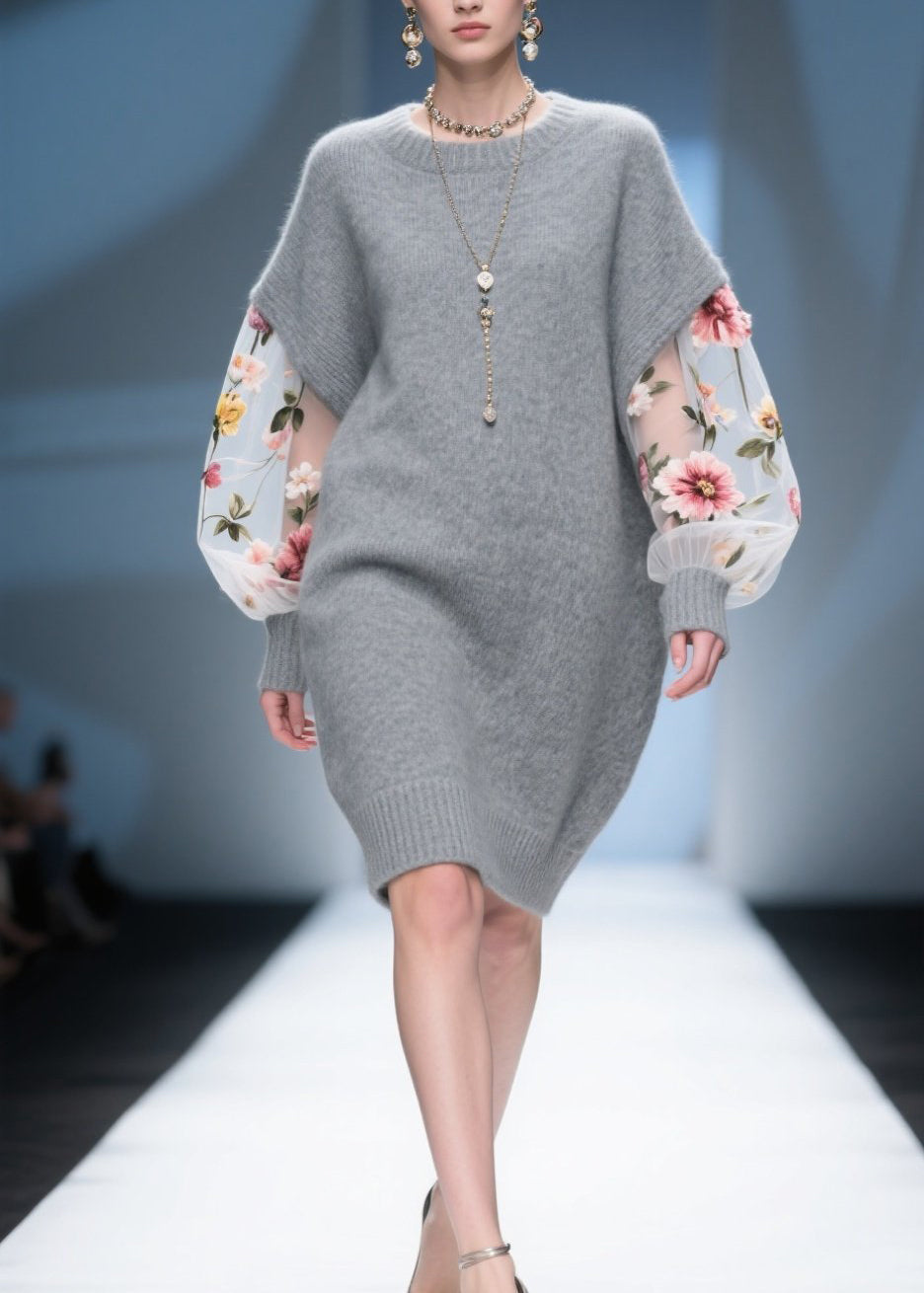 Knit Cap Shoulder Tulle Floral Embroidered Puff Sleeve Mini Dress