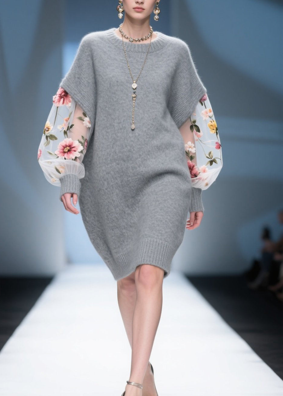Knit Cap Shoulder Tulle Floral Embroidered Puff Sleeve Mini Dress - View 3