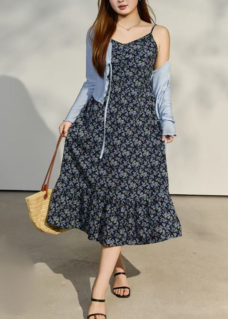 Ditsy Floral Spaghetti Strap V-Neck Ruched Bust Ruffle Hem Midi Dress - View 4