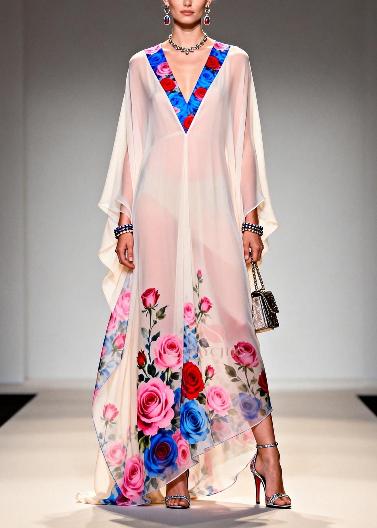Sheer Chiffon Floral Trim V-Neck Kaftan Sleeve Rose Print Maxi Gown - View 3