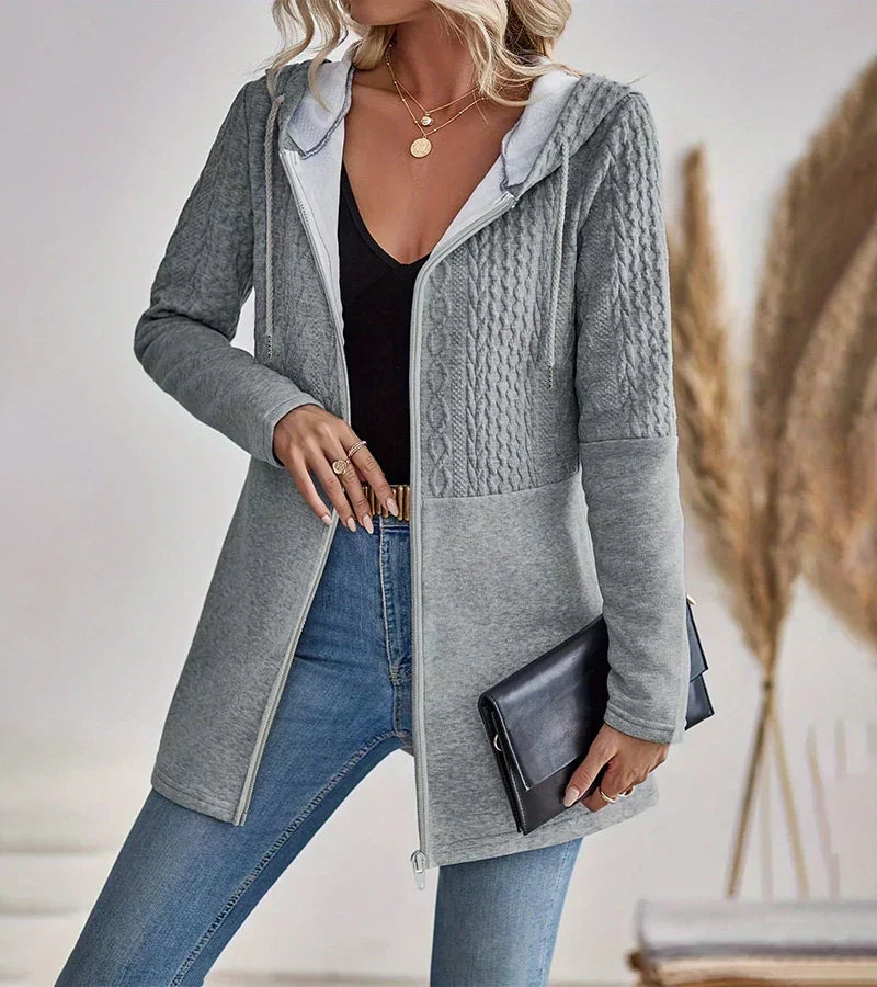 Hooded Cable Knit Panel Zip Front Longline Jacket 5
