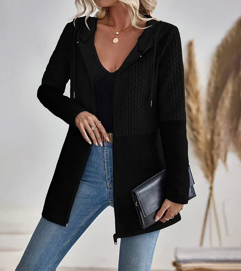 Hooded Cable Knit Panel Zip Front Longline Jacket 2