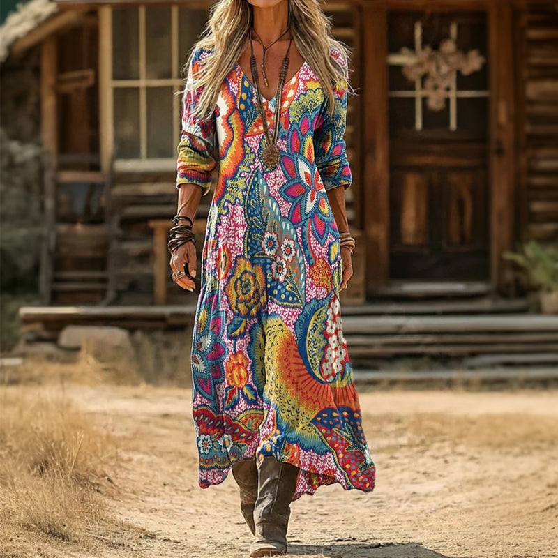 Floral V-Neck Long Sleeve Boho Maxi Dress