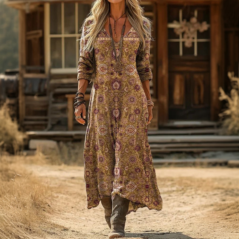 Bohemian Paisley Print V-Neck Long Sleeve Maxi Dress