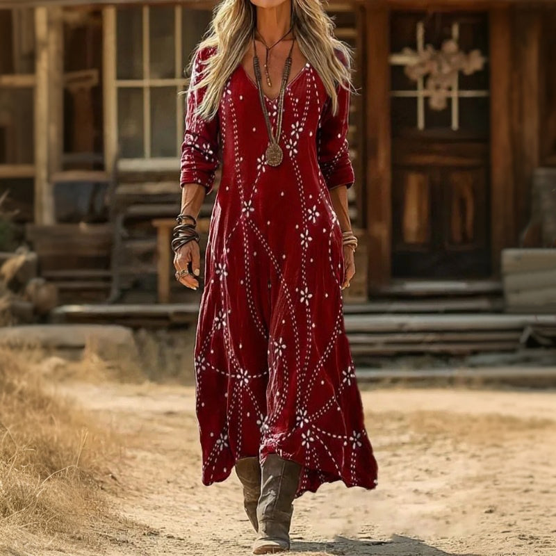 Geometric Print V-Neck Long Sleeve Boho Maxi Dress