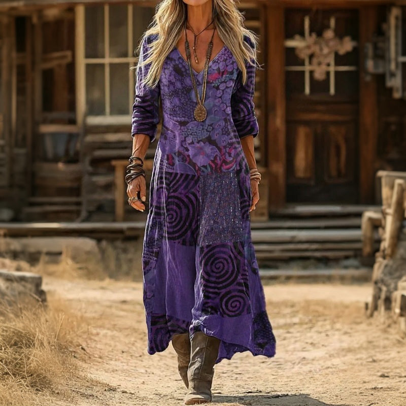 Patchwork Print V-Neck Long Sleeve Maxi Dress