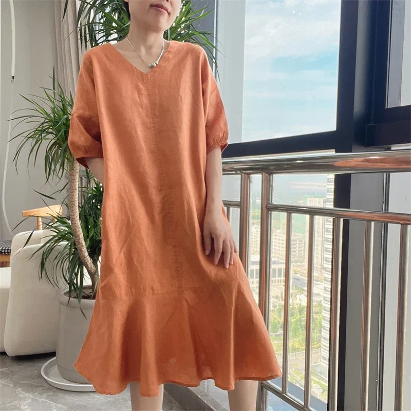 V-Neck Puff Sleeve Ruffle Hem Linen Midi Dress 3