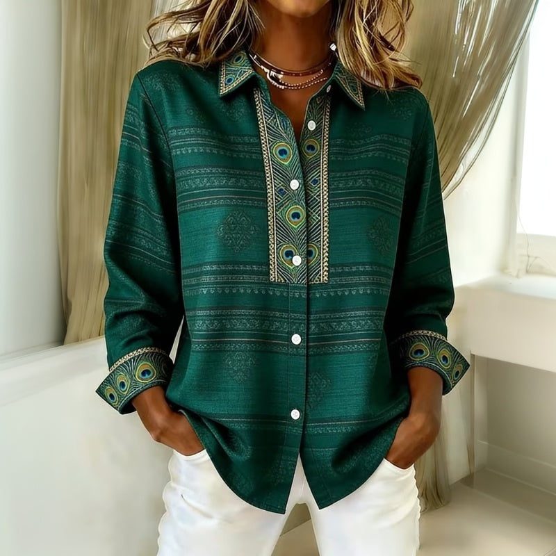 Peacock Feather Print Button Front Collared Blouse 5