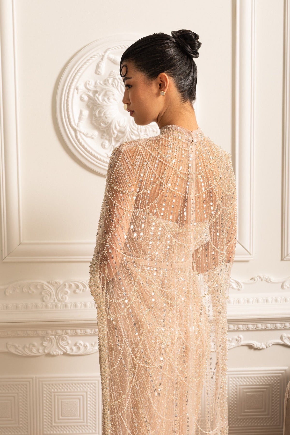Scalloped Pearl Trim Beaded Mesh Cape Overlay Column Maxi Gown - View 15