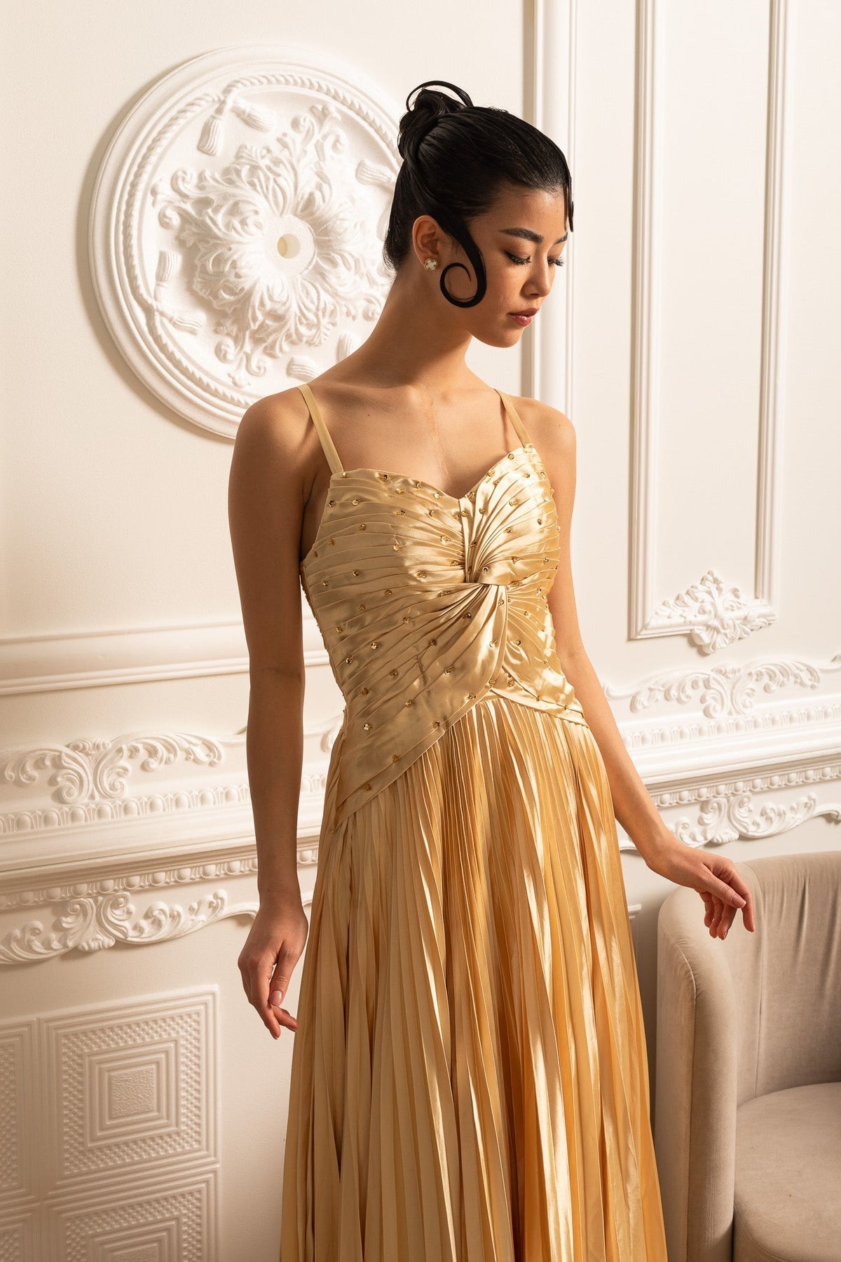 Spaghetti Strap Sweetheart Rhinestone Draped Bodice Maxi Gown - View 11