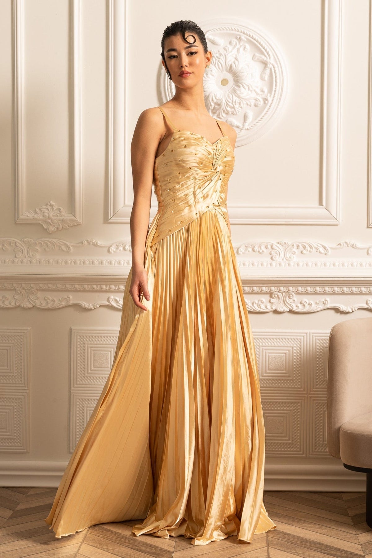 Spaghetti Strap Sweetheart Rhinestone Draped Bodice Maxi Gown