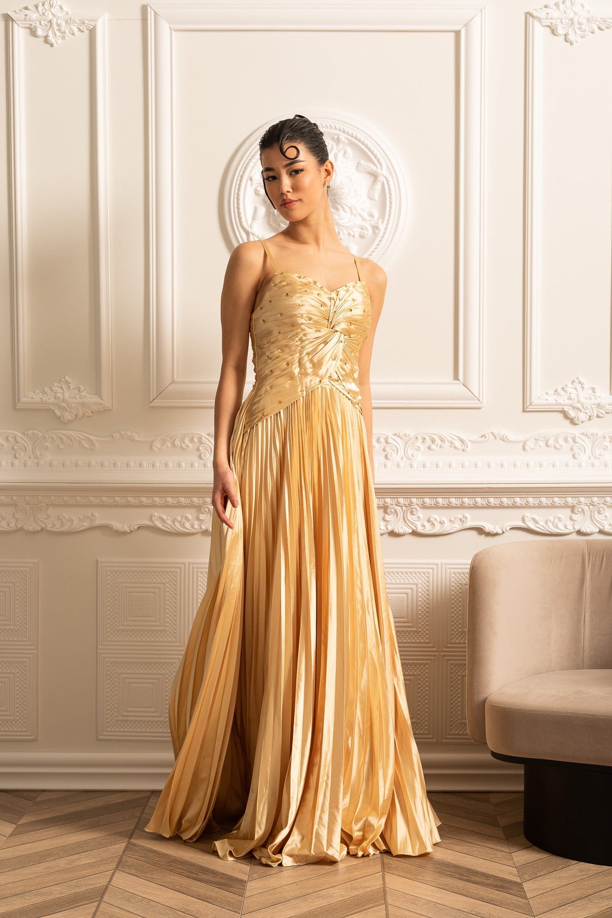 Spaghetti Strap Sweetheart Rhinestone Draped Bodice Maxi Gown - View 14