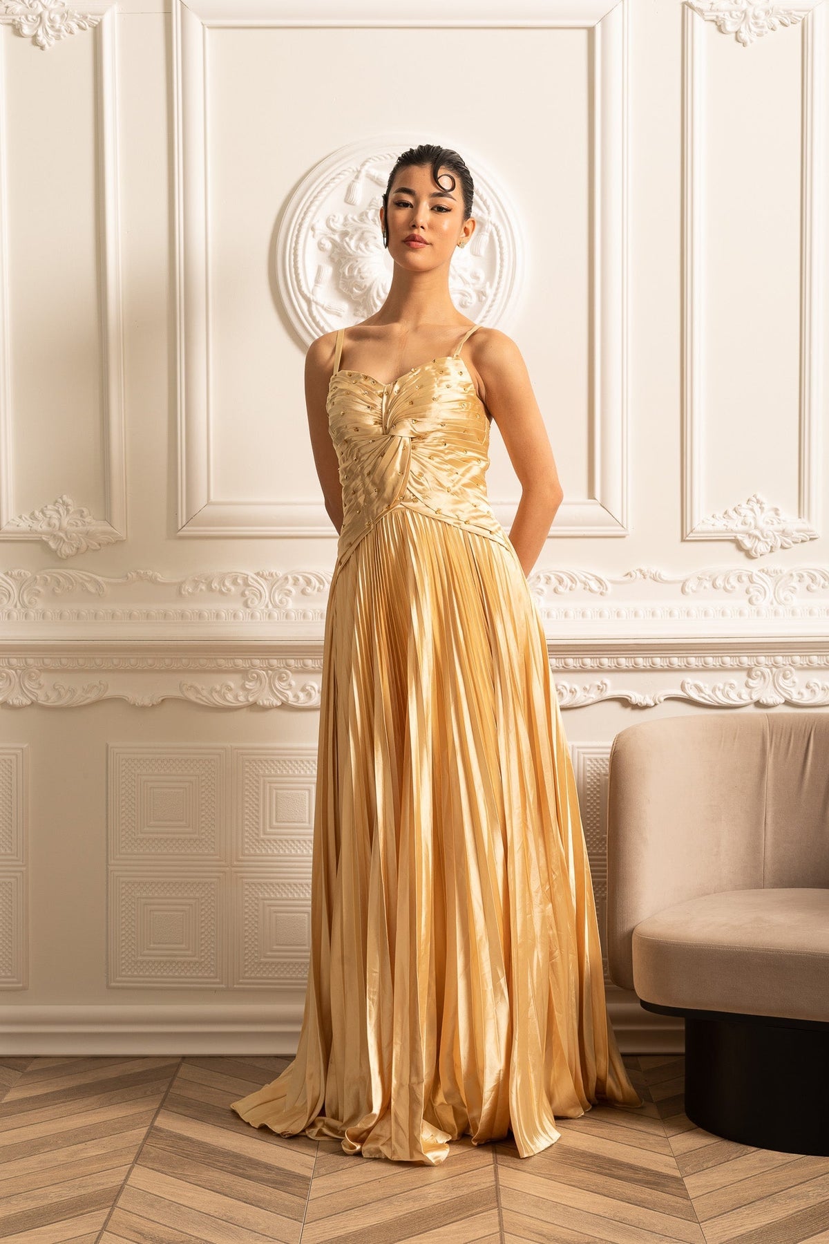 Spaghetti Strap Sweetheart Rhinestone Draped Bodice Maxi Gown - View 15