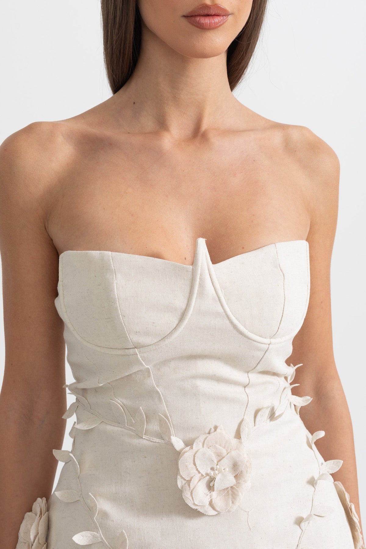 Bustier Dress With 3D Floral Appliqués - Ivoire - View 7