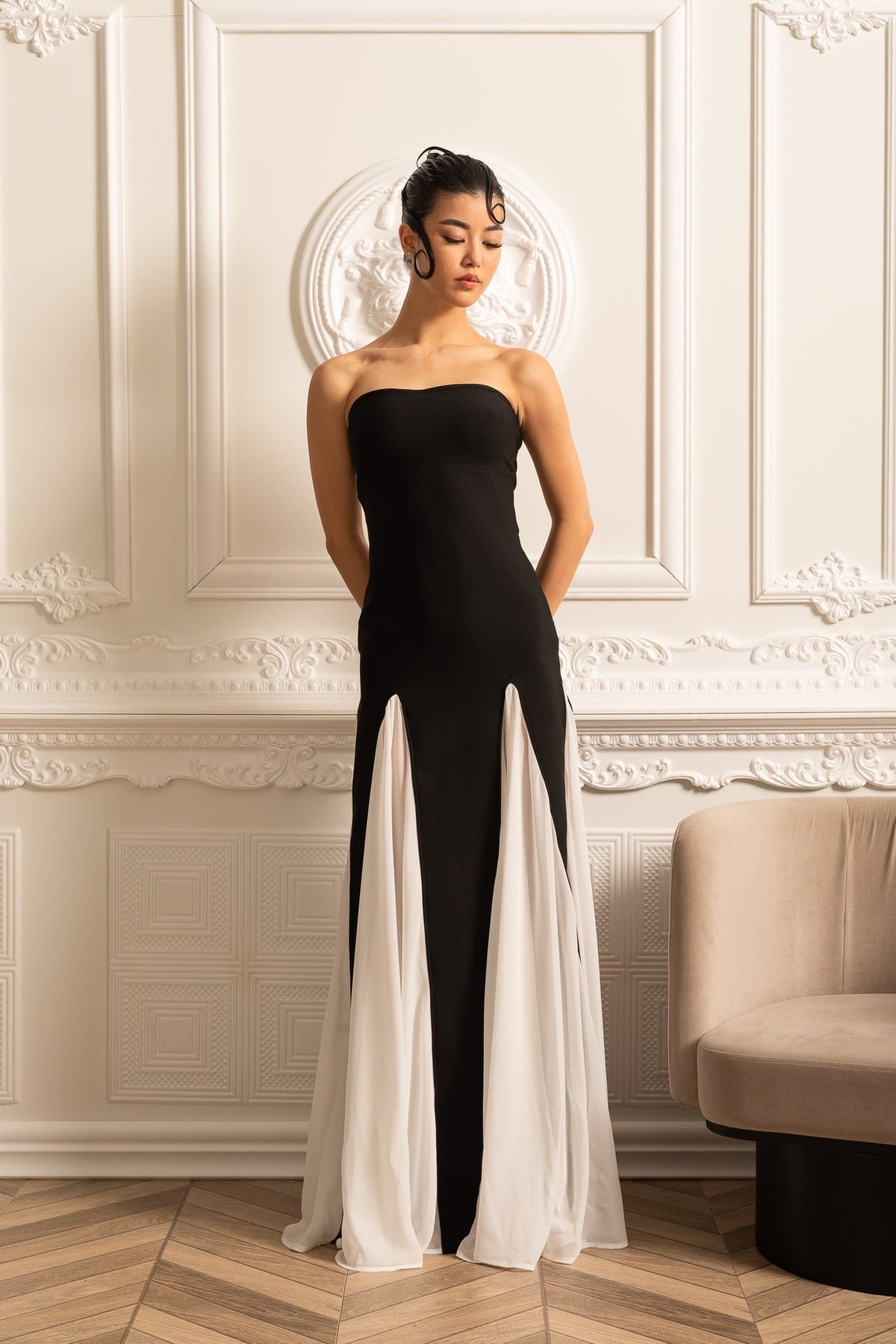 Strapless Chiffon Godet Panel Insert Column Maxi Gown - View 3