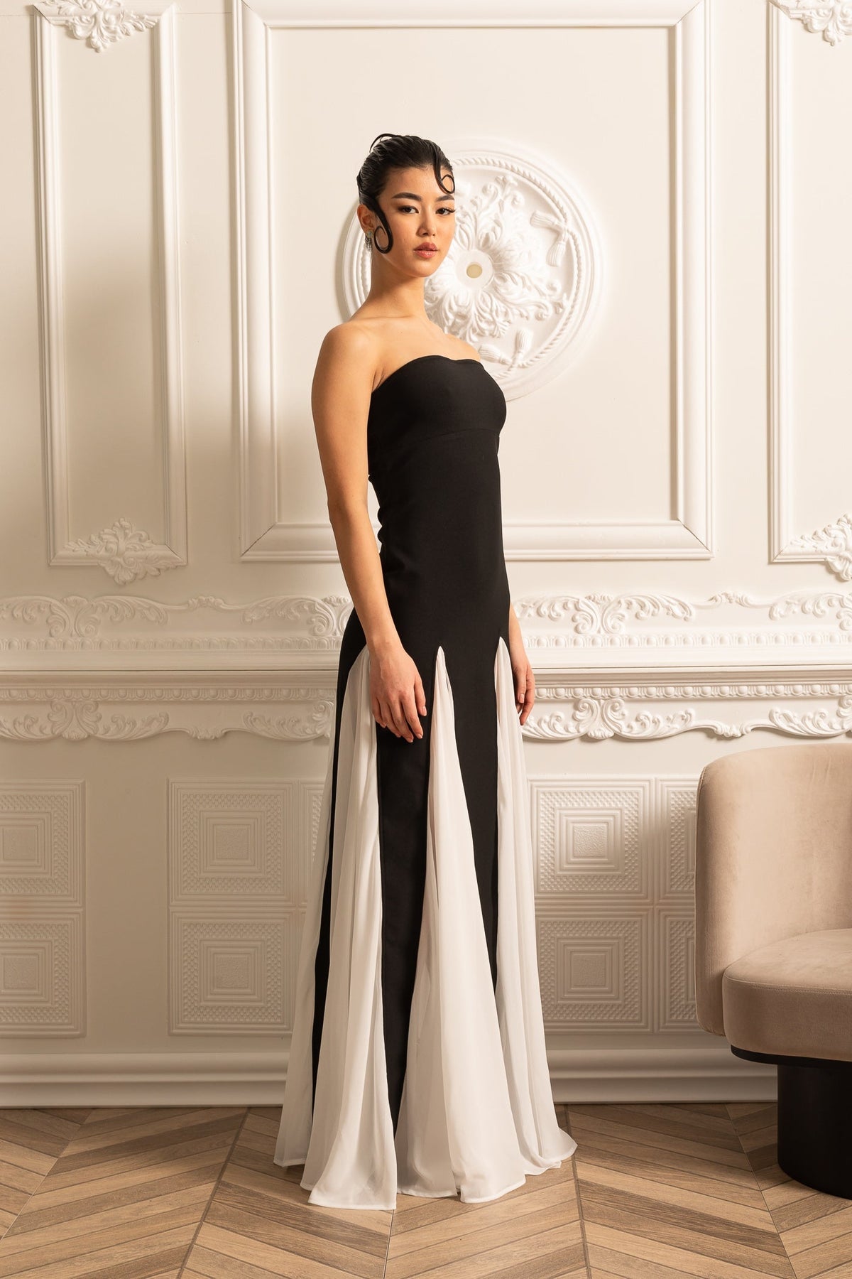 Strapless Chiffon Godet Panel Insert Column Maxi Gown - View 9