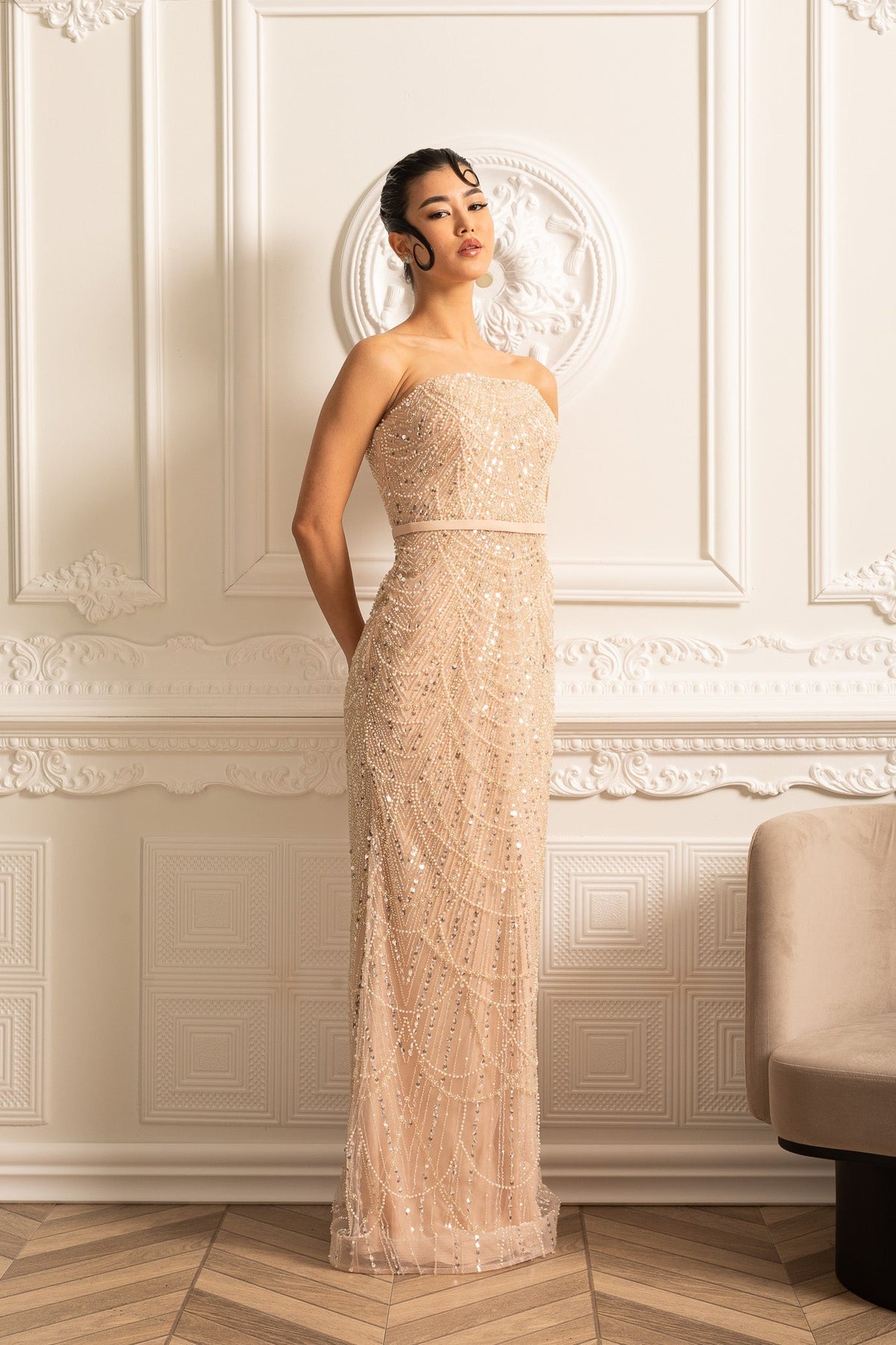 Scalloped Pearl Trim Beaded Mesh Cape Overlay Column Maxi Gown - View 18