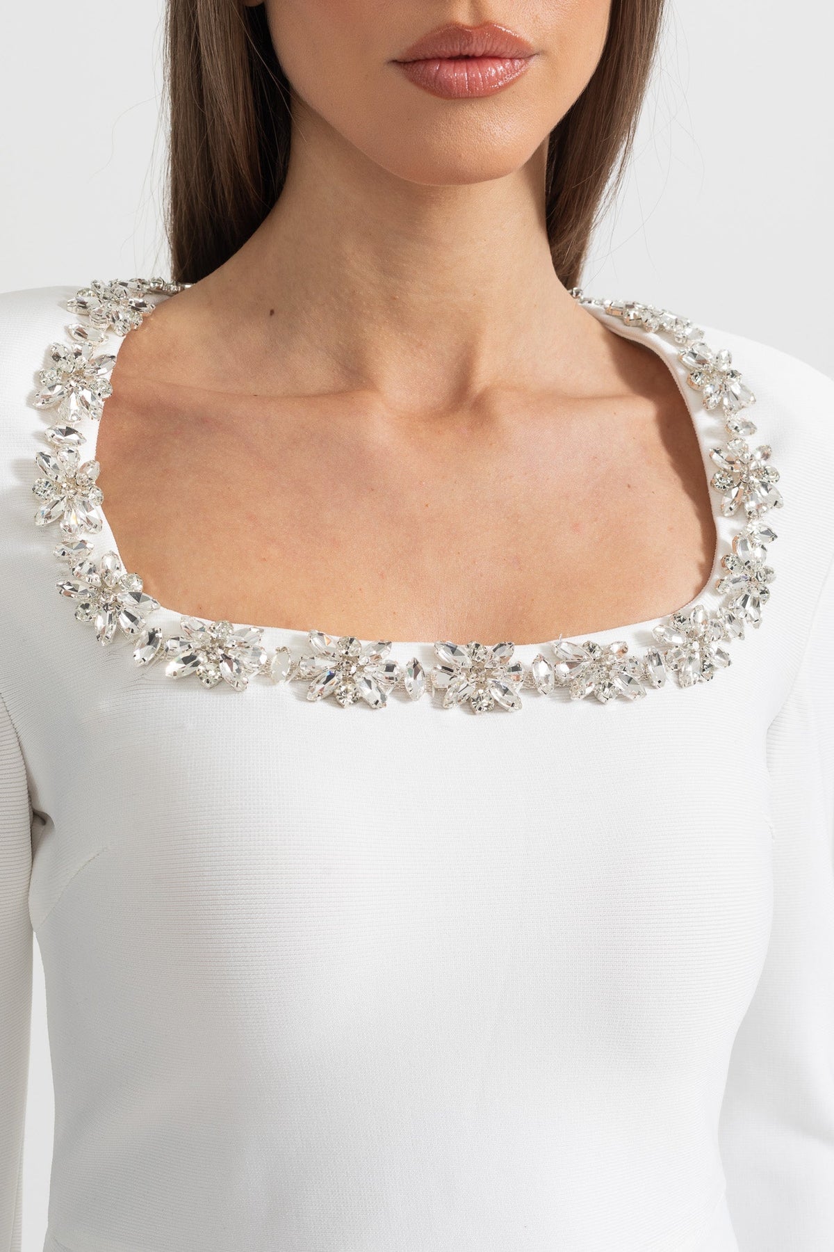Square Neck Rhinestone Trim Long Sleeve Pleated A-Line Mini Dress - View 7