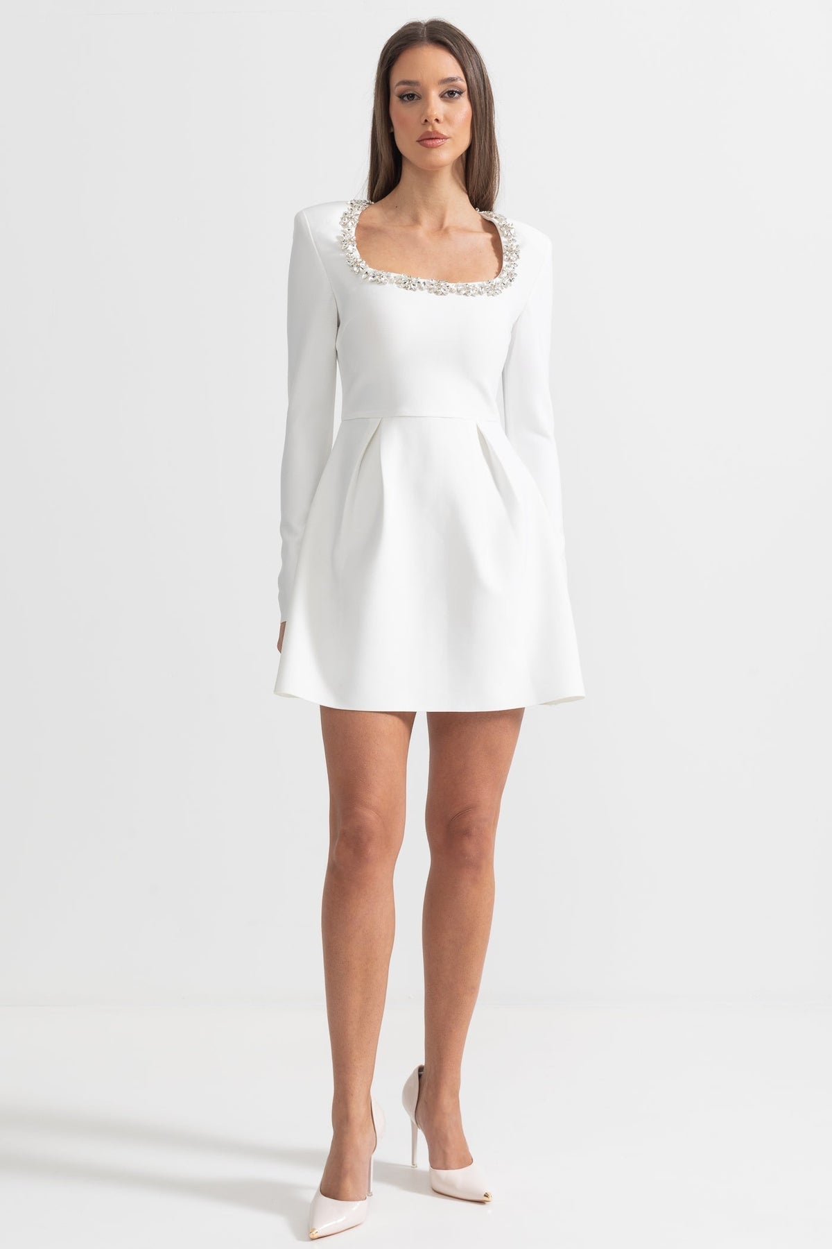 Square Neck Rhinestone Trim Long Sleeve Pleated A-Line Mini Dress