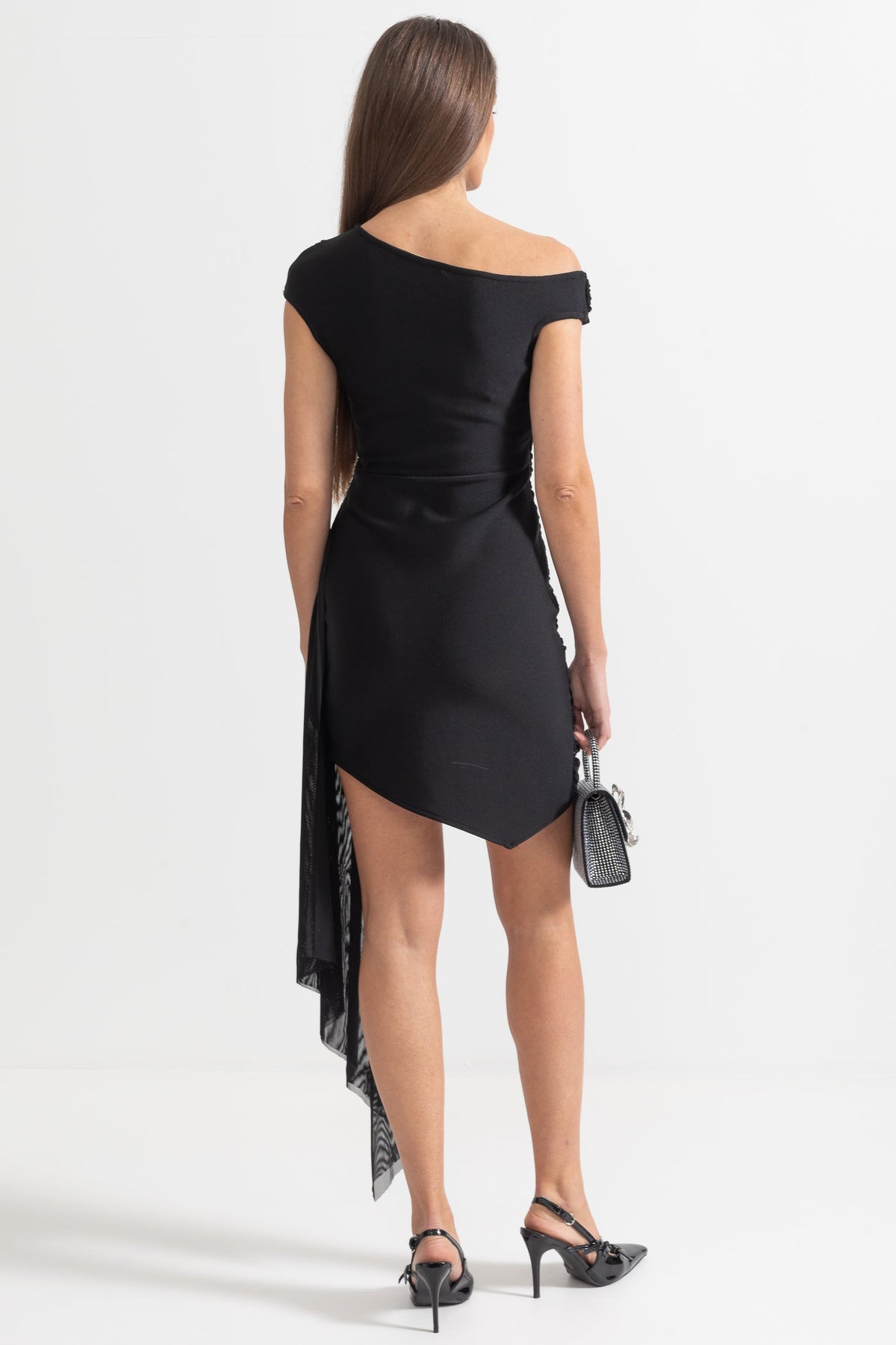 One Shoulder Ruched Draped Rhinestone Floral Brooch Mini Dress - View 9
