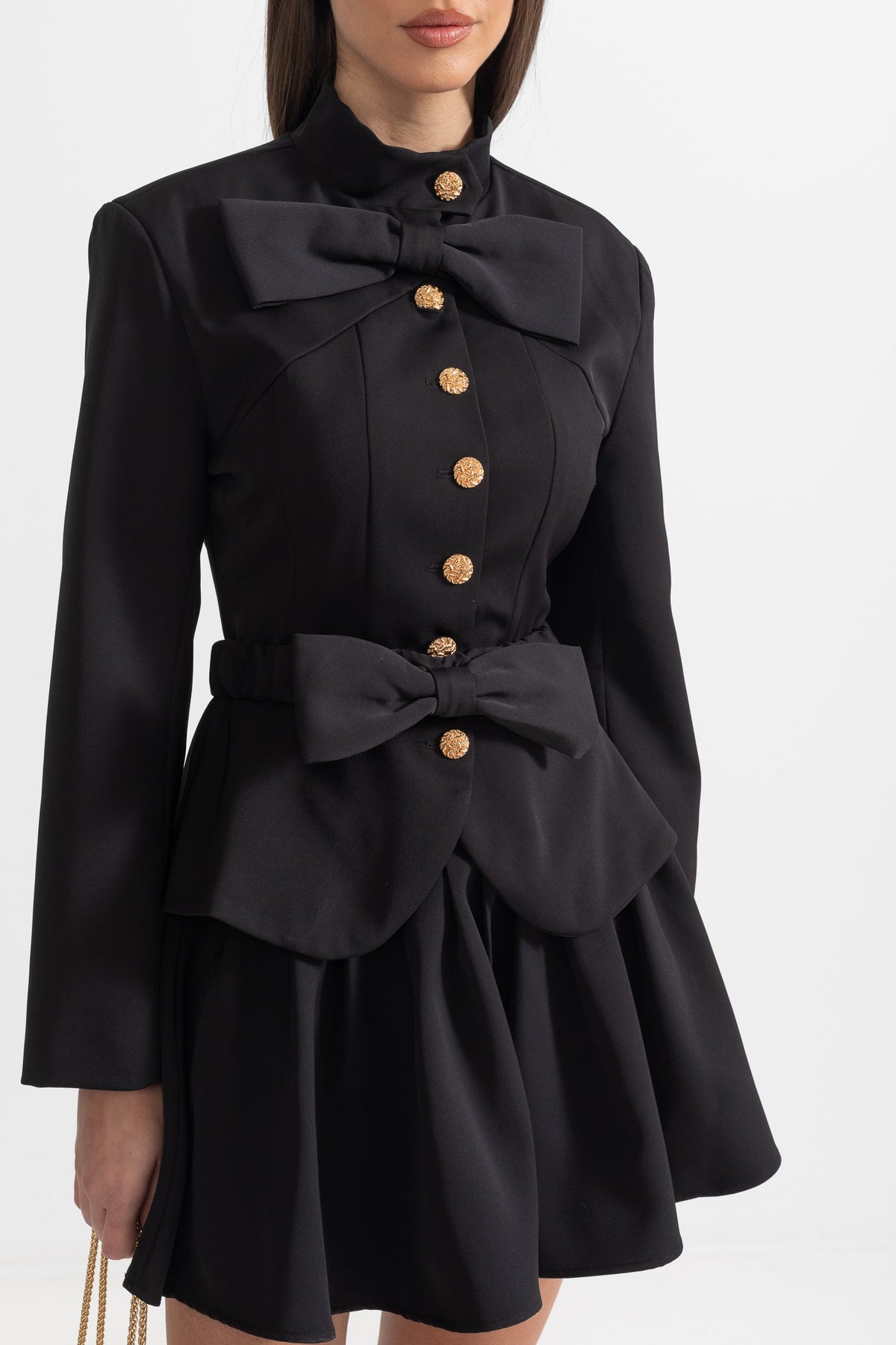 Stand Collar Metallic Button Dual Bow Peplum Pleated Mini Dress - View 2
