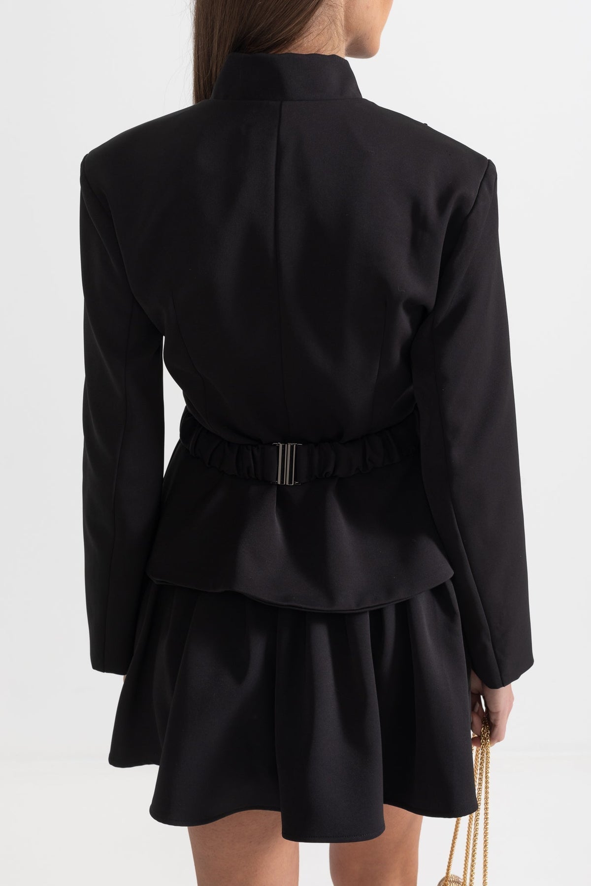 Stand Collar Metallic Button Dual Bow Peplum Pleated Mini Dress - View 9